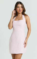 Aurora Mini Dress - Halter Neck Fit and Flare Dress in Pink