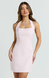 Aurora Mini Dress - Halter Neck Fit and Flare Dress in Pink