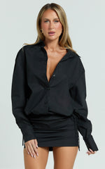 Avalon Mini Dress - Button Up Ruched Shirt Dress in Black