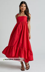 Aveiro Midi Dress - Straight Neck Shoulder Tie High Low Ruffle Hem in Red