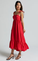 Aveiro Midi Dress - Straight Neck Shoulder Tie High Low Ruffle Hem in Red