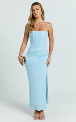 Avery Midi Dress - Strapless Draped Side Split Dress in Blue