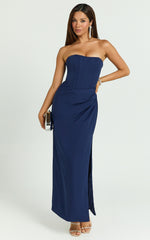 Avery Midi Dress - Strapless Draped Side Split Dress in Navy
