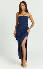 Avery Midi Dress - Strapless Draped Side Split Dress in Navy