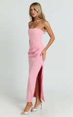 Avery Midi Dress - Strapless Draped Side Split Dress in Pink