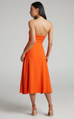 Avie Midi Dress - Twist Strapless Cocktail Dress in Orange
