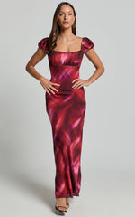 Avril Midi Dress - Recycled Puff Sleeve Empire Slip Dress in Tequila Sunset Print