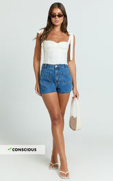 Avril Shorts - High Waisted Recycled Denim Patch Pocket Micro Shorts in Mid Blue Wash