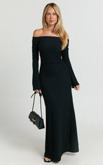 Ayla Maxi Dress - Off Shoulder Flared Sleeve Bodycon Dress in Black
