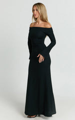 Ayla Maxi Dress - Off Shoulder Flared Sleeve Bodycon Dress in Black
