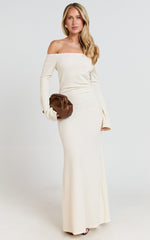 Ayla Maxi Dress - Off Shoulder Flared Sleeve Bodycon Dress in Off White