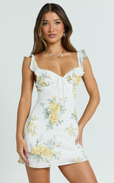 Azra Mini Dress - Georgette Frill Shoulder Sweetheart A Line Dress in Antique Florals