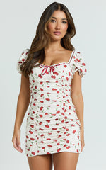 Bailey Mini Dress - Recycled Cherry Print Cap Sleeve Ruched Bust Bodycon Dress in Blushing Cherries Print