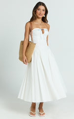 Bambi Midi Dress - Embroidered Strapless Lace Up Fit And Flare Dress in White