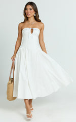 Bambi Midi Dress - Embroidered Strapless Lace Up Fit And Flare Dress in White