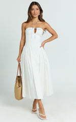 Bambi Midi Dress - Embroidered Strapless Lace Up Fit And Flare Dress in White