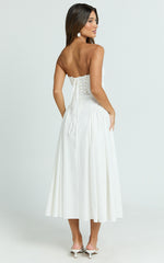 Bambi Midi Dress - Embroidered Strapless Lace Up Fit And Flare Dress in White
