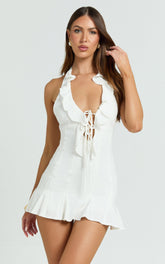 Barley Mini Dress - Ruffle Halter Tie Front Flounced Skirt Dress in White