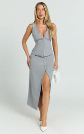 Baylee Midi Skirt - Wrap Front Side Split Skirt in Grey