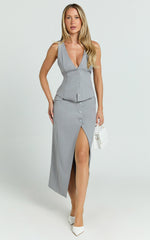 Baylee Midi Skirt - Wrap Front Side Split Skirt in Grey