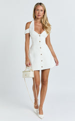 Baylee Mini Dress - Off Shoulder Button Front Tulip Skirt Dress in White