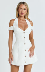 Baylee Mini Dress - Off Shoulder Button Front Tulip Skirt Dress in White