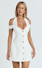 Baylee Mini Dress - Off Shoulder Button Front Tulip Skirt Dress in White