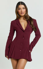 Bea Mini Dress - Collared Long Sleeve Fit And Flare Pleated Dress in Wine
