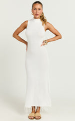 Beatrice Maxi Dress - High Neck Bodycon Knit Dress in White