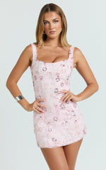 Bec Mini Dress - Embroidered Floral Sequin Corset Panel Dress in Pink