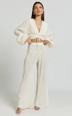 Beca Pants - High Waisted Plisse Flared Pants in Cream