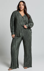 Beca Pants - High Waisted Plisse Flared Pants in Olive