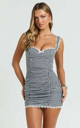 Becker Mini Dress - Strappy Bustier Ruched Bodycon Dress in Black Gingham