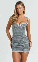 Becker Mini Dress - Strappy Bustier Ruched Bodycon Dress in Black Gingham