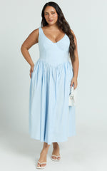 Beckett Midi Dress - Scoop Neck Drop V Waist Gathered Skirt Dress in Blue