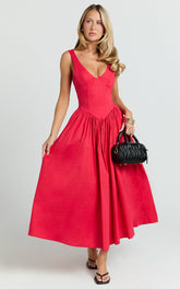 Beckett Midi Dress - Scoop Neck Drop V Waist Gathered Skirt Dress in Red
