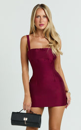 Beckett Mini Dress - Square Neck Form Fitting Dress in Wine
