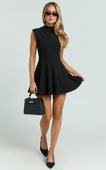 Becky Mini Dress - High Neck Sleeveless Fit And Flare Dress in Black