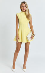 Becky Mini Dress - High Neck Sleeveless Fit And Flare Dress in Lemon