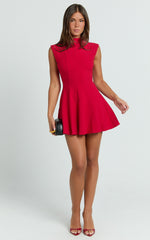 Becky Mini Dress - High Neck Sleeveless Fit And Flare Dress in Red