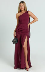 Behati Maxi Dress - One Shoulder Cut Out Fit And Flare Dress in Wine