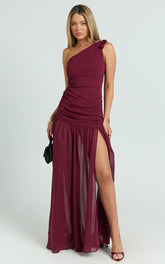 Behati Maxi Dress - One Shoulder Cut Out Fit And Flare Dress in Wine
