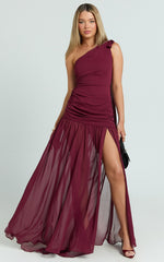 Behati Maxi Dress - One Shoulder Cut Out Fit And Flare Dress in Wine