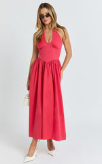 Belle Midi Dress - Keyhole Halter With V Yoke Dress in Red