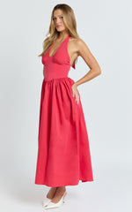 Belle Midi Dress - Keyhole Halter With V Yoke Dress in Red