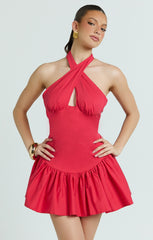 Belle Mini Dress - Keyhole Halter Top Dress in Red