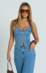 Bellerose Top - Front Zip Denim Fitted Top in Mid Blue