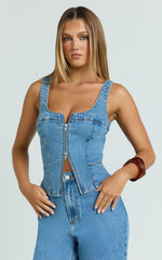 Bellerose Top - Front Zip Denim Fitted Top in Mid Blue