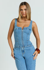 Bellerose Top - Front Zip Denim Fitted Top in Mid Blue