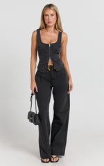 Bellerose Top - Front Zip Denim Fitted Top in Washed Black